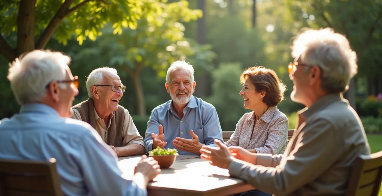 Groupe de seniors partageant un moment convivial dans un jardin