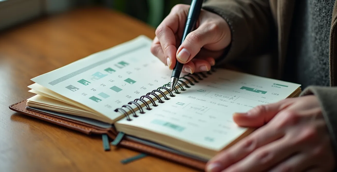 Gros plan sur des mains de senior tenant un agenda de planification