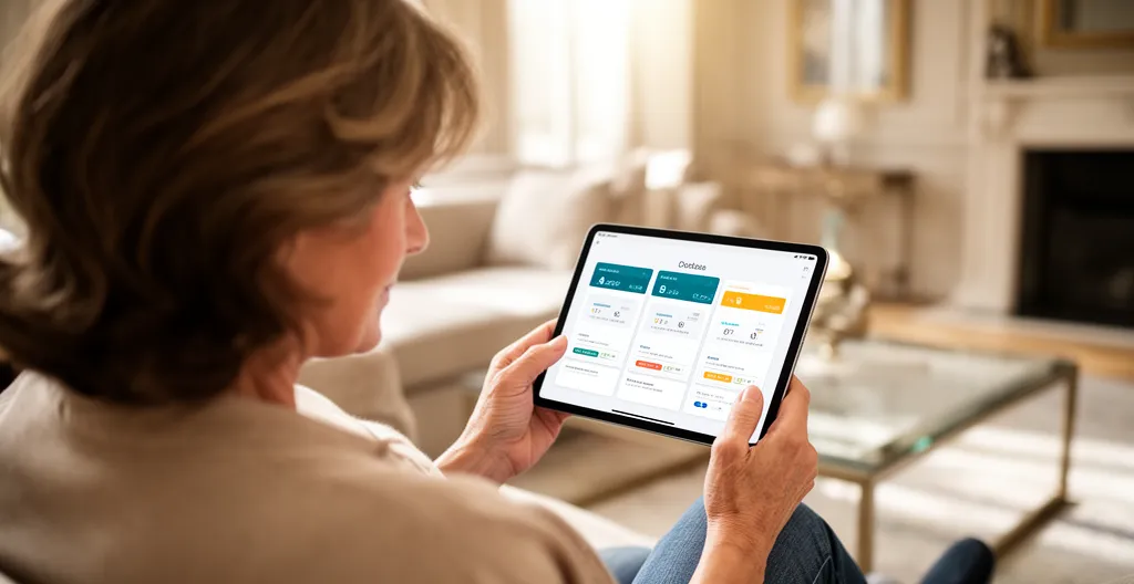 Aidante consultant une liste d'établissements seniors sur tablette dans un salon lumineux
