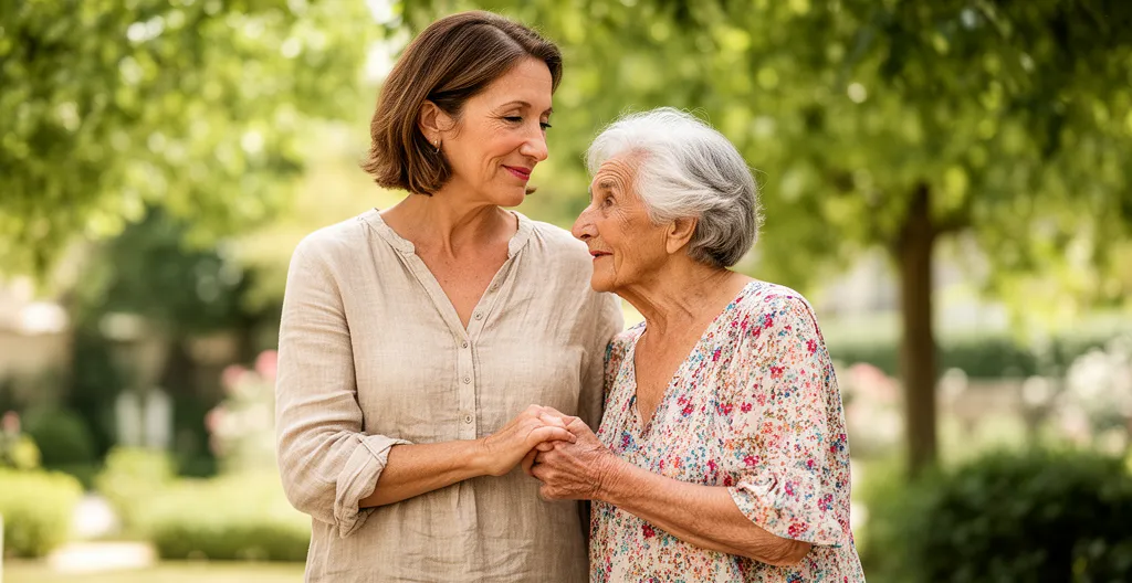 Aidante accompagnant sa mère senior lors d'une visite de jardin d'établissement à Aix-en-Provence
