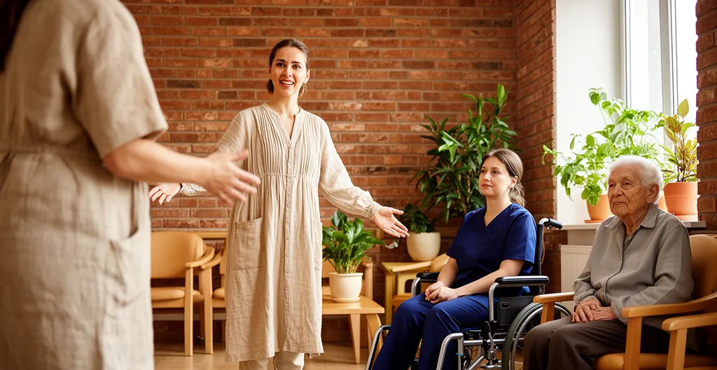 Personnel d'établissement présentant un espace commun à une famille lors d'une visite