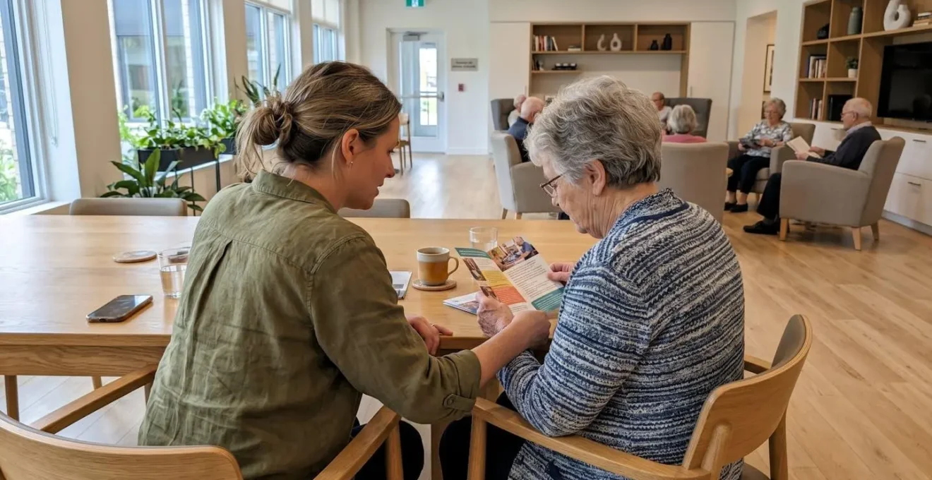 Une fille adulte et sa mère senior consultent ensemble une brochure dans le salon lumineux d'un EHPAD moderne lors d'une visite