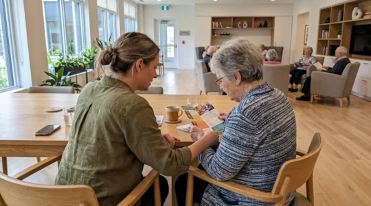 Une fille adulte et sa mère senior consultent ensemble une brochure dans le salon lumineux d'un EHPAD moderne lors d'une visite