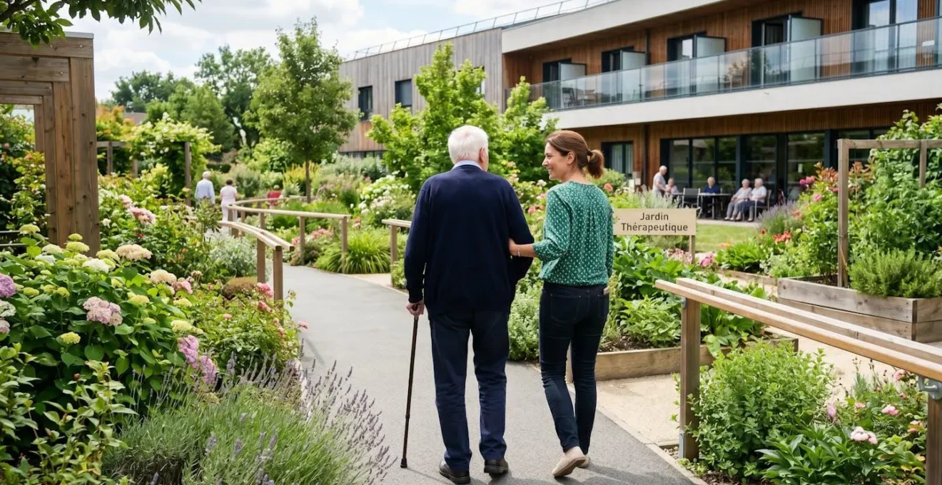 Une fille adulte et son père senior se promènent ensemble dans le jardin thérapeutique d'un EHPAD moderne avec allée sécurisée