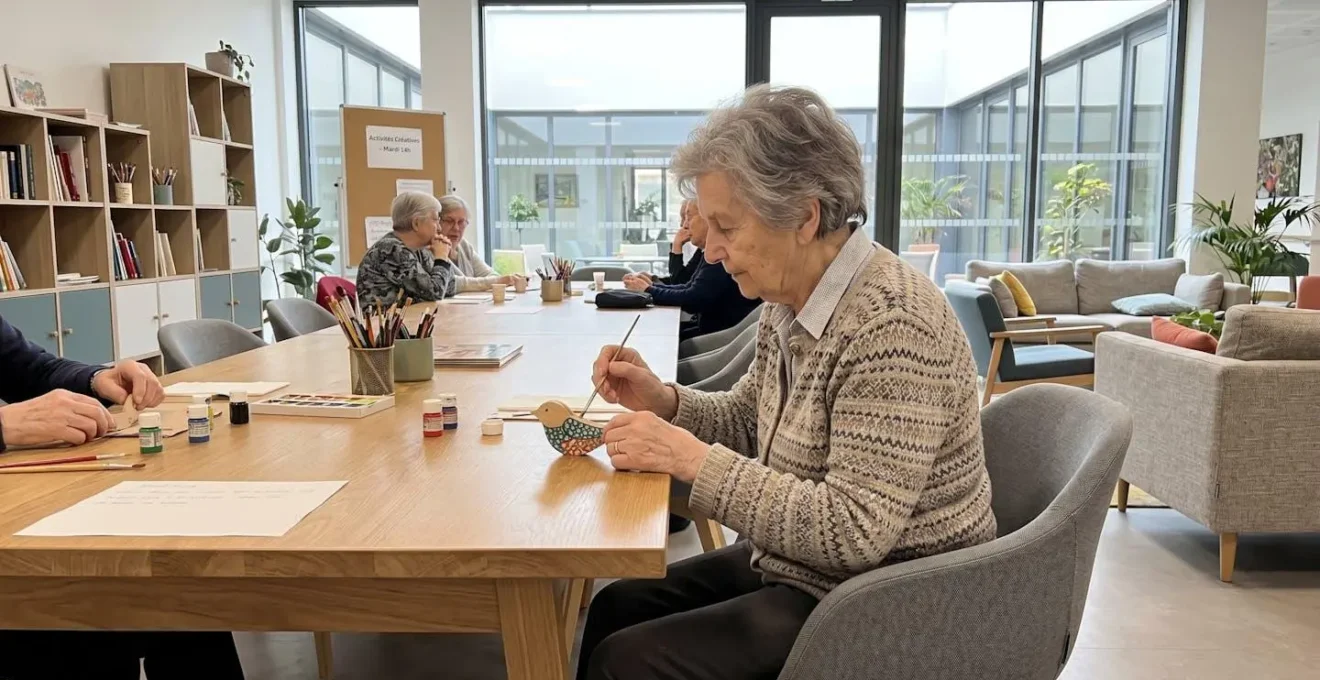 Femme senior participant à un atelier créatif dans un espace commun lumineux d'établissement spécialisé moderne