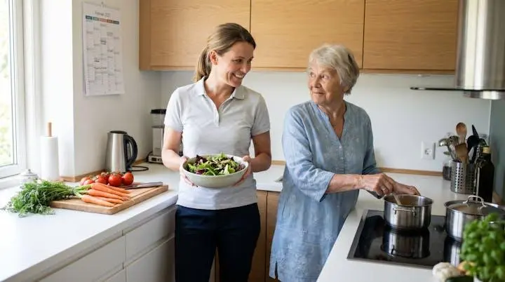 Aide à domicile et femme senior préparant ensemble un repas dans une cuisine lumineuse, interaction naturelle et respectueuse, ustensiles et légumes frais sur le plan de travail blanc