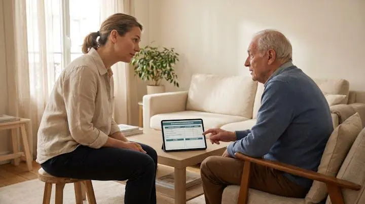 Ergothérapeute femme assise face à un homme senior dans un salon lumineux, consultant ensemble une tablette numérique affichant une grille d'évaluation, échange attentif et bienveillant