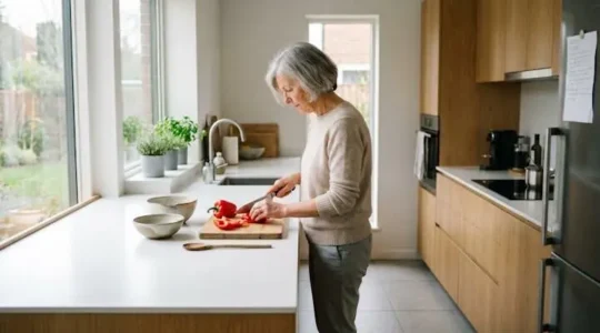Femme senior de 75 ans préparant son repas seule dans sa cuisine lumineuse et adaptée, debout devant un plan de travail blanc dégagé, environnement sécurisé avec lumière naturelle abondante