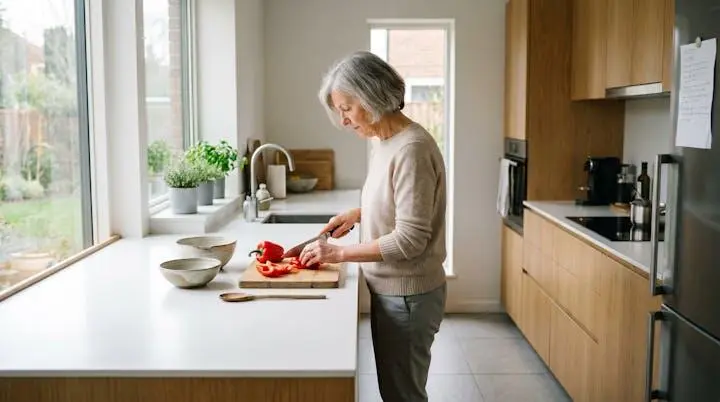 Femme senior de 75 ans préparant son repas seule dans sa cuisine lumineuse et adaptée, debout devant un plan de travail blanc dégagé, environnement sécurisé avec lumière naturelle abondante