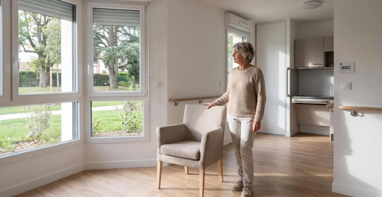 Femme senior aux cheveux gris découvrant un studio meublé dans une résidence services, debout près d'une baie vitrée donnant sur un espace vert, intérieur contemporain adapté avec mobilier neutre et parquet clair