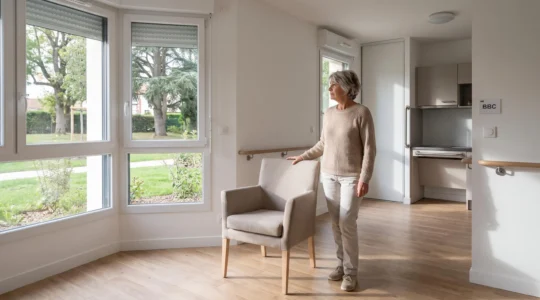 Femme senior aux cheveux gris découvrant un studio meublé dans une résidence services, debout près d'une baie vitrée donnant sur un espace vert, intérieur contemporain adapté avec mobilier neutre et parquet clair
