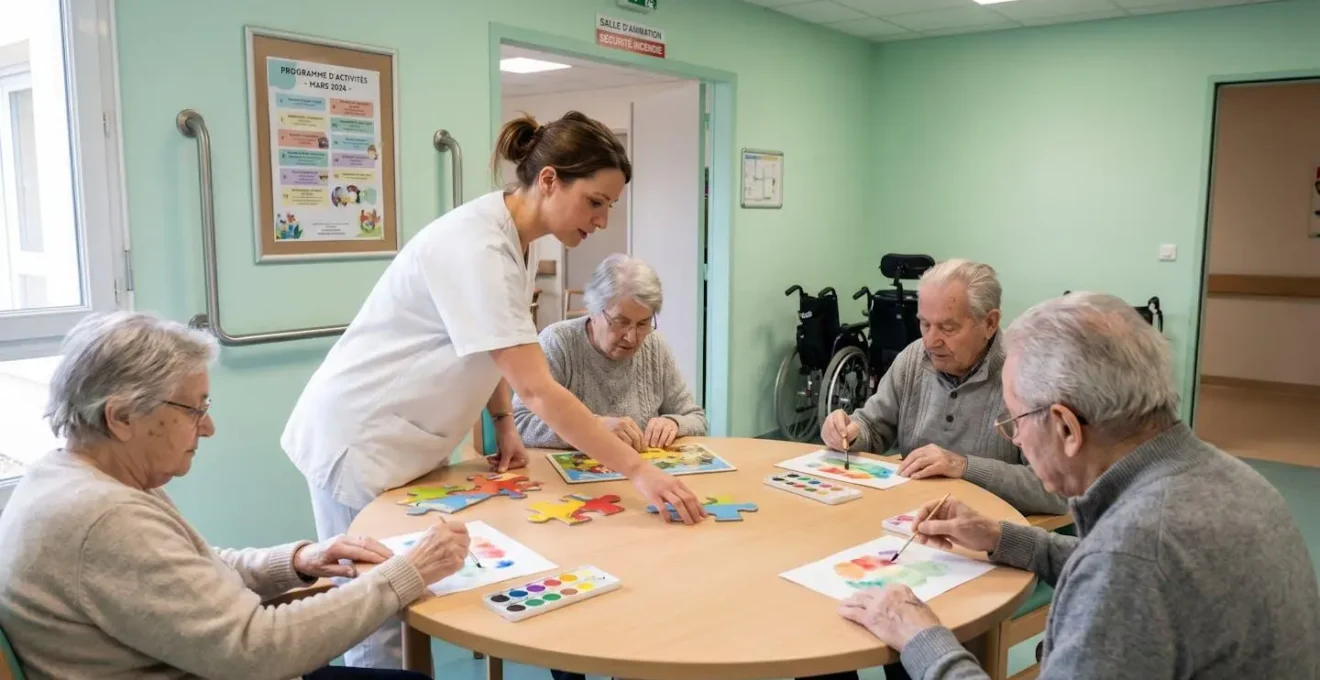 Groupe de quatre seniors participant à un atelier manuel autour d'une table dans une salle d'activités d'EHPAD, encadrés par une animatrice en blouse blanche, avec matériel thérapeutique adapté