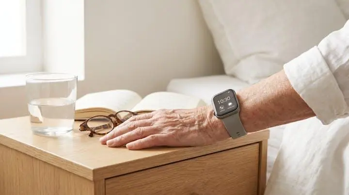 Montre connectée de téléassistance portée au poignet d'une main âgée, posée sur une table de chevet en bois clair à côté d'un verre d'eau et d'un livre, lumière naturelle douce