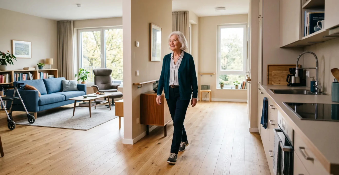 Senior woman moving naturally in a bright, modern accessible apartment with wide doorways and adapted furniture