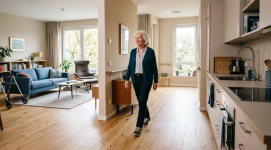 Senior woman moving naturally in a bright, modern accessible apartment with wide doorways and adapted furniture