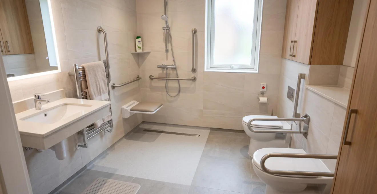 Salle de bains adaptée PMR avec douche à l'italienne sans seuil, barres d'appui murales et revêtement antidérapant