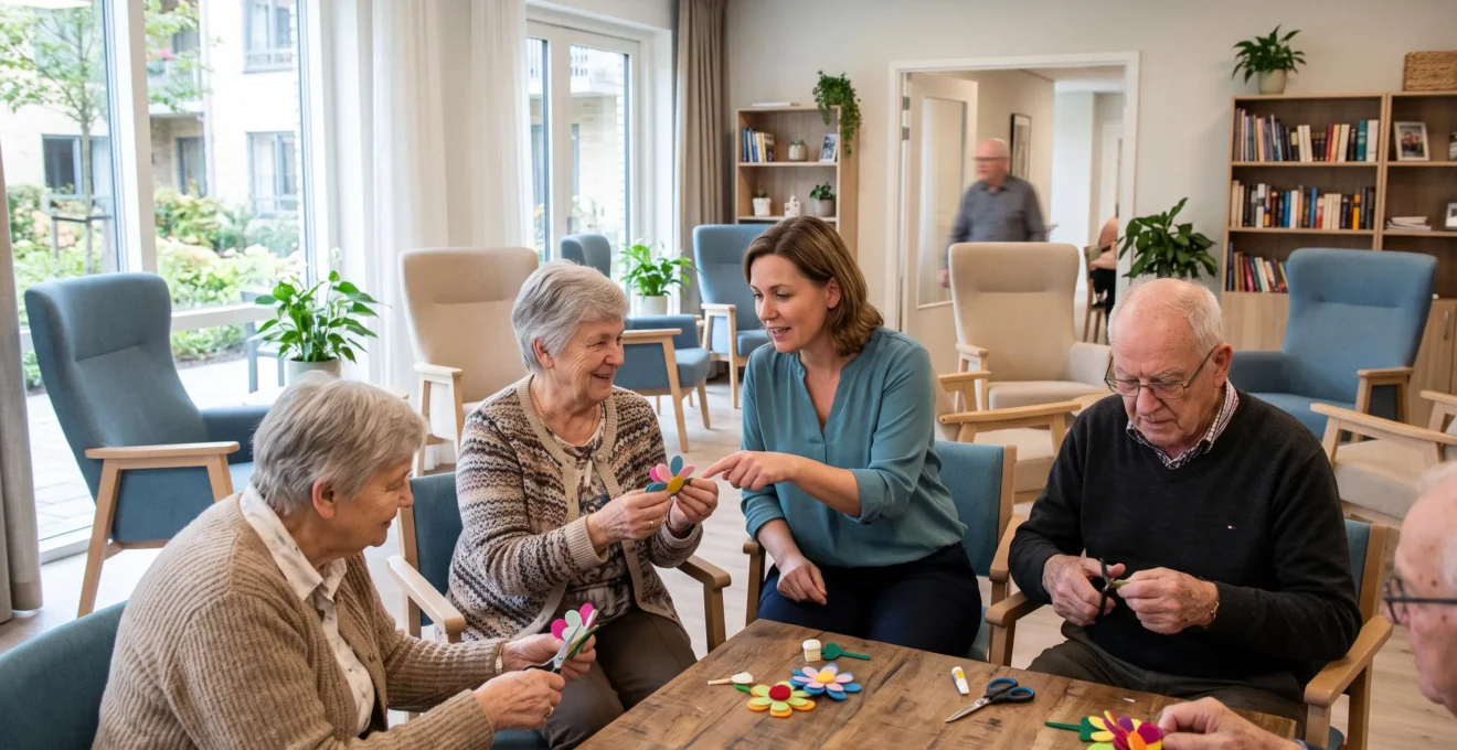 Groupe de seniors participant à une activité thérapeutique dans un espace commun lumineux d'une résidence services, accompagnés d'une professionnelle